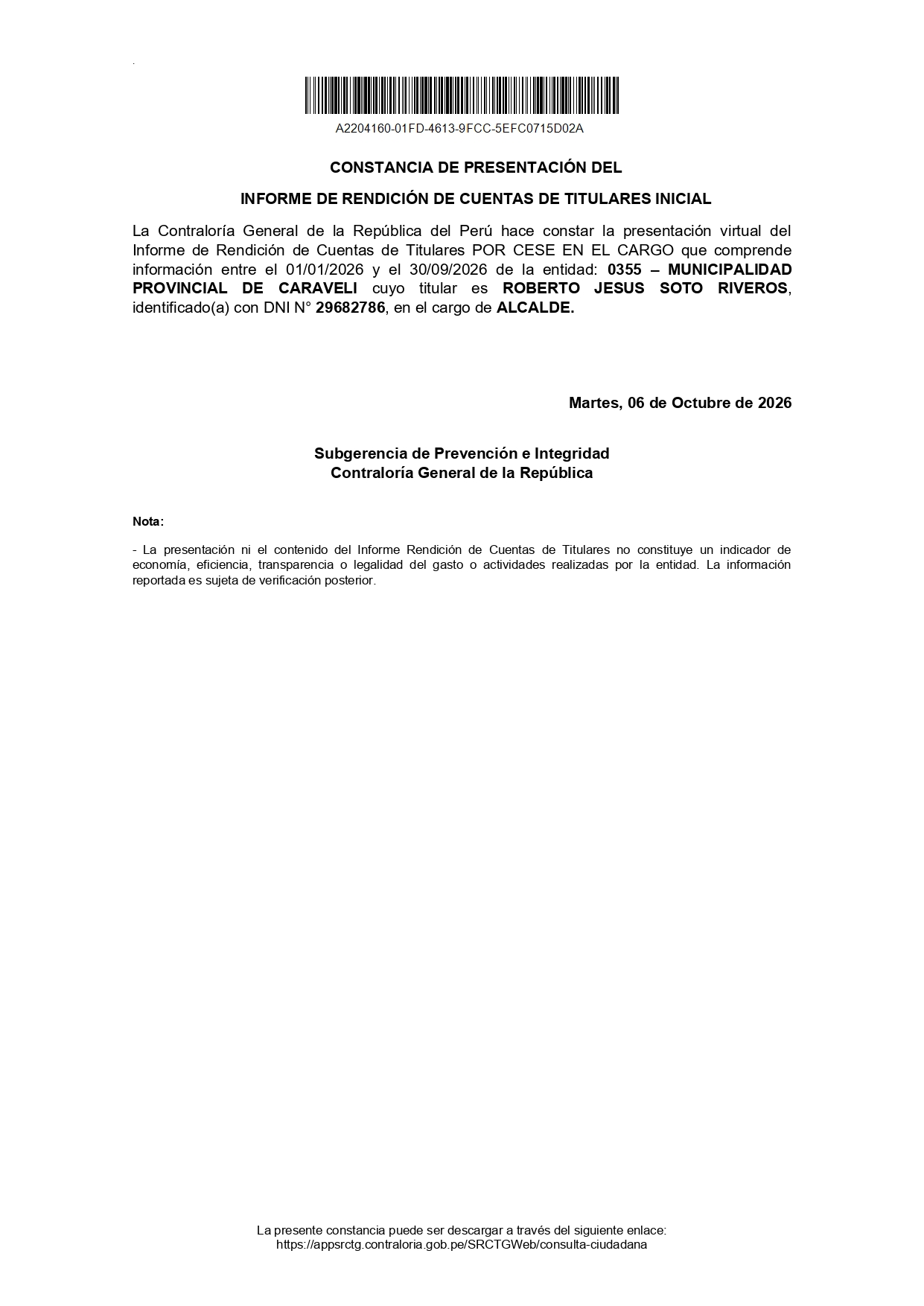 CONSTANCIA DE RENDICIÓN DE CUENTAS DE TITULARES 2026